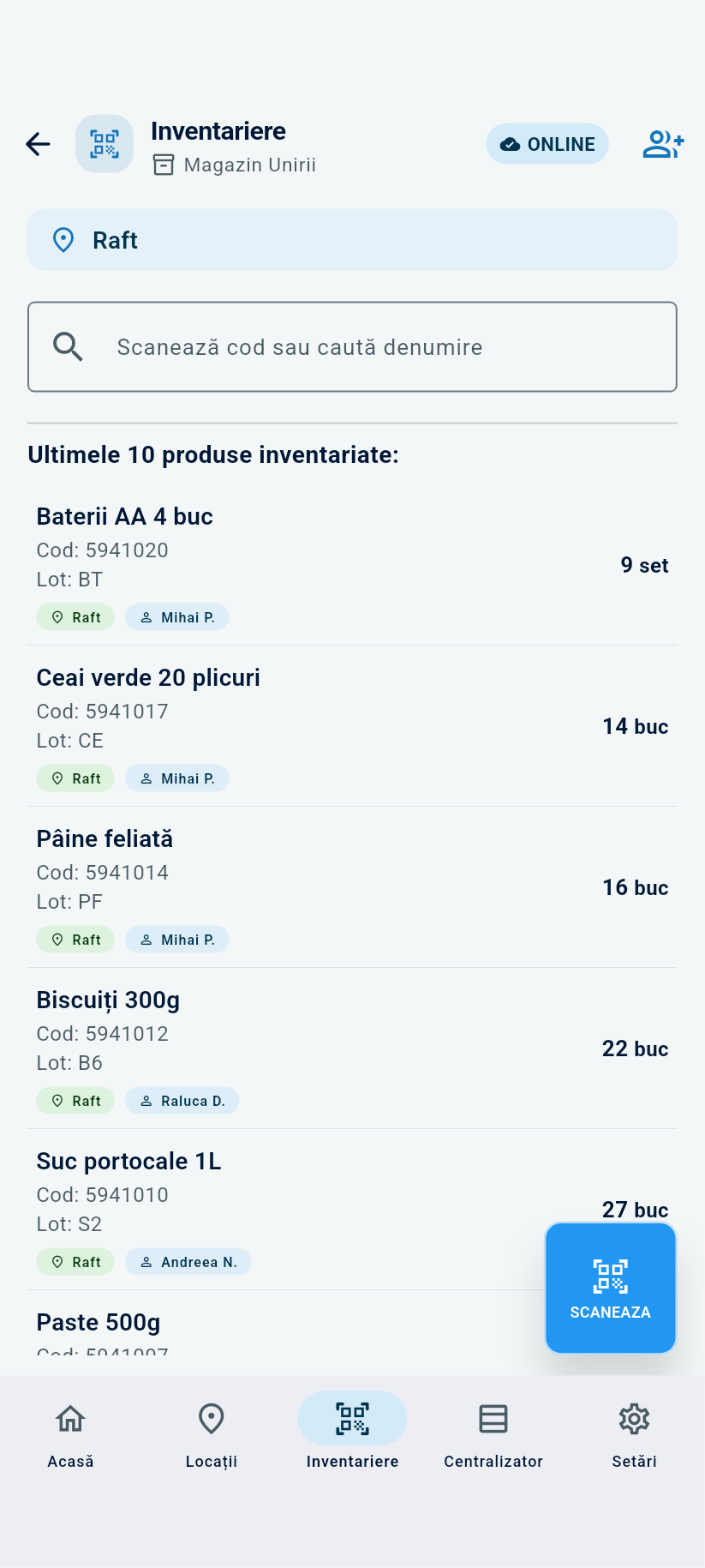 Ecranul de inventariere la Magazin Unirii, locația Raft: căutare după cod sau denumire și produsele scanate.
